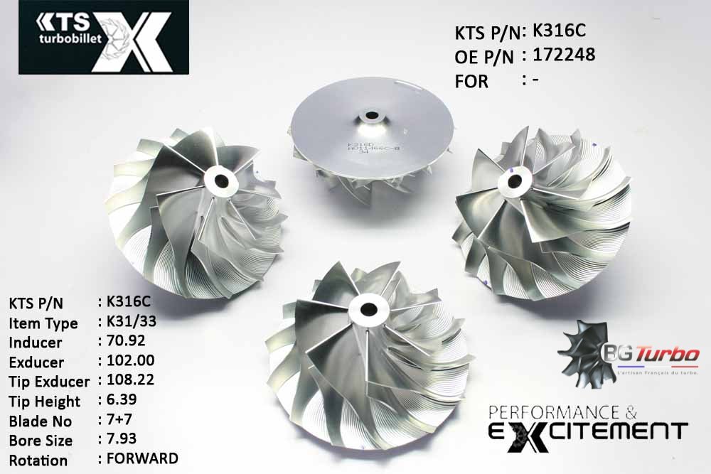 Turbo ROUE FORGÉE MFS PERFORMANCE - 7+7 PALES - INDUCER : 70,92 - EXDUCER : 102 - TYPE : K31/33ANGLE : 55° - ROTATION : Forward - SUPER BACK : 6 - BORE SIZE : 7,93

